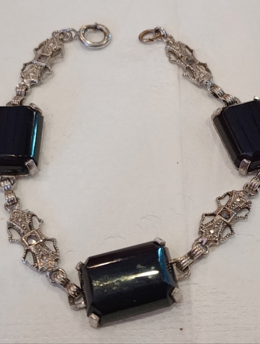 Original Antique Black Onyx  and Sterling Silver Art Deco Bracelet